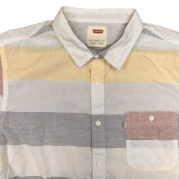 Levi Strauss Men's Short Sleeve Shirt Button White Yellow Blue‎ Strip Large - Picture 3 of 9